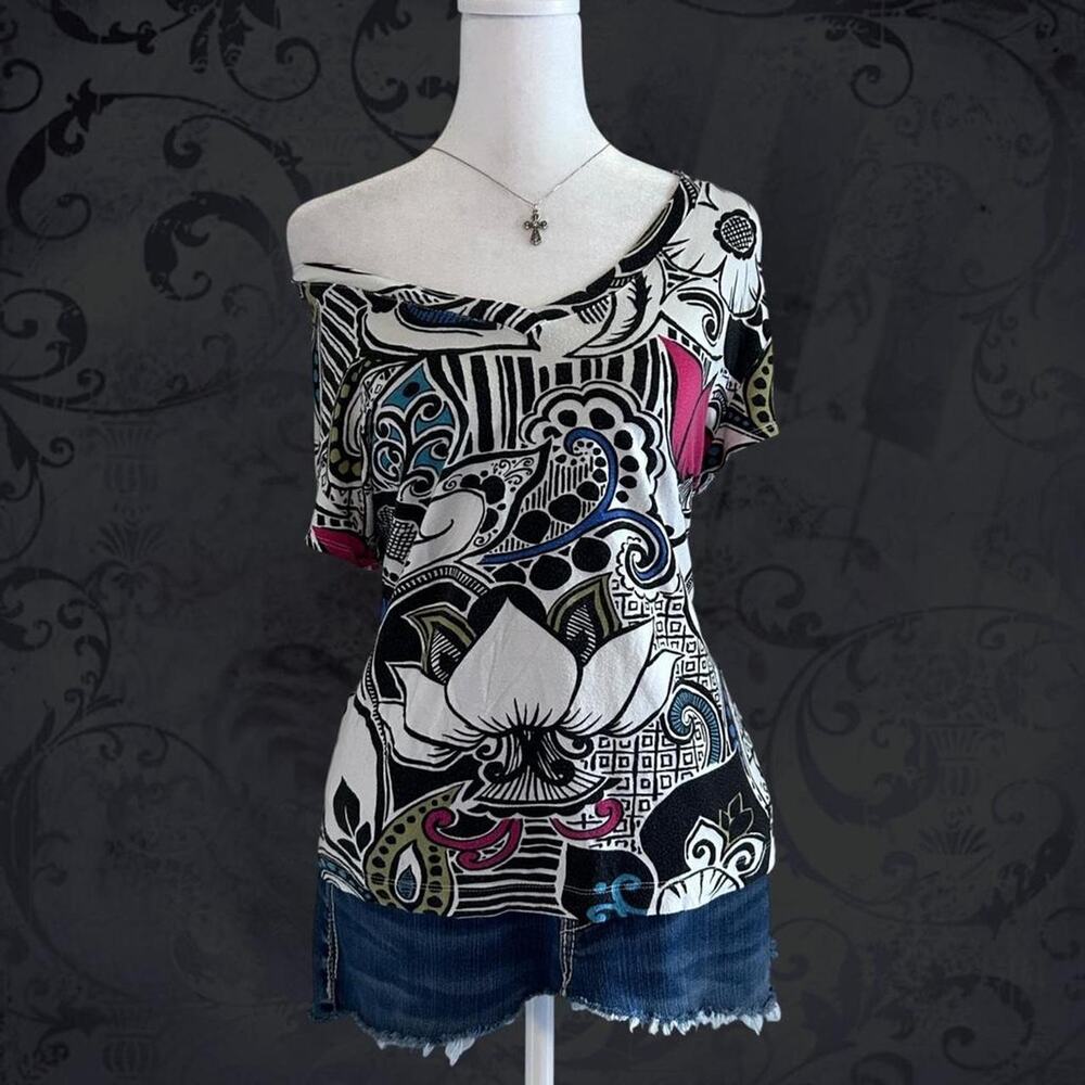 mixed floral paisley swirl stripe & abstract pink patchwork top